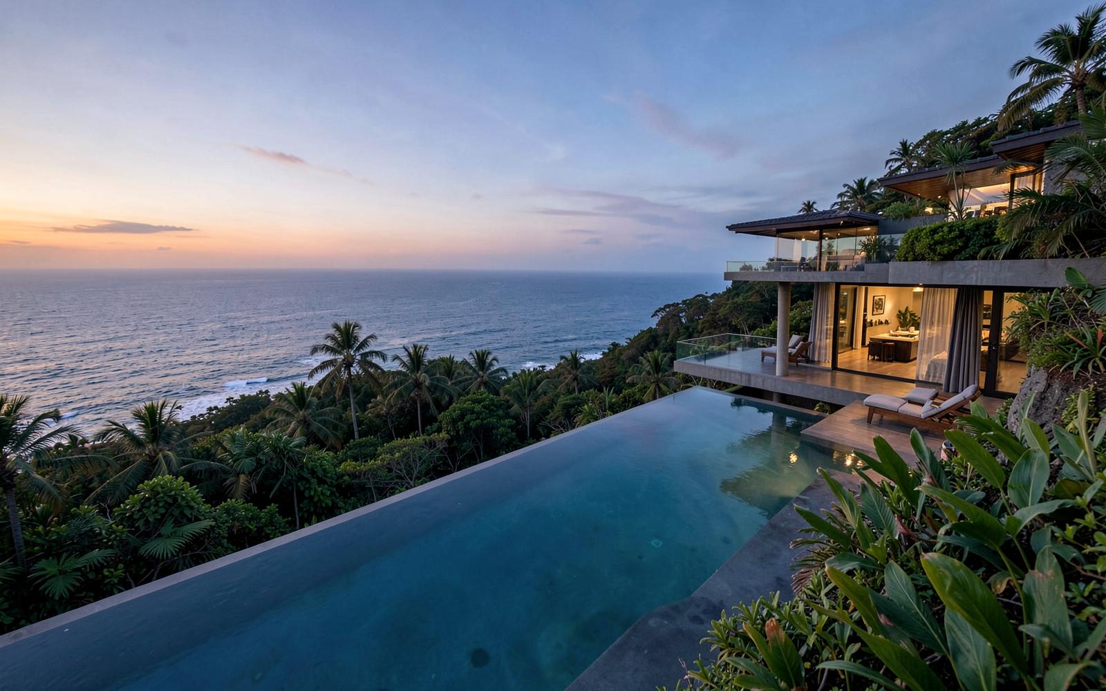 Hillside villa with infinity pool overlooking the Pacific coast of Costa Rica at sunset