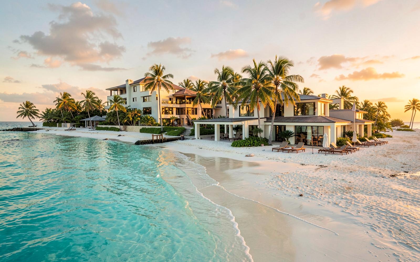Beachfront Bahamian estate on white sand with turquoise water at golden hour