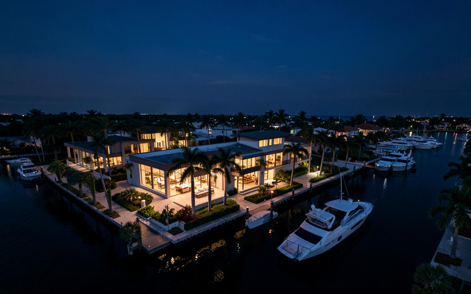 Waterfront luxury estate on a Naples canal at twilight with yachts moored alongside